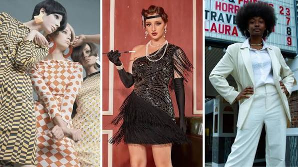Model wearing a retro glamour outfit with a vintage evening gown, classic hairstyle, elegant makeup, and timeless accessories